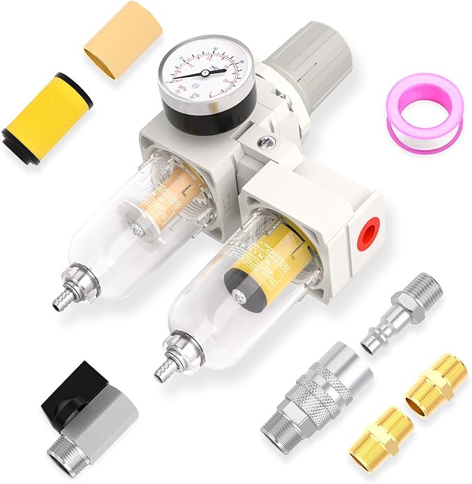 1/4" NPT Air Drying System, Double Air Filters with 150 PSI Gauge and Valve Shut Off Switch for Plasma Cutter and Paint Spray, Manual Drain