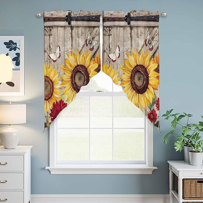 Sunflowers Swag Valances for Windows, Retro Flower Barn Doors Butterfly Farmhouse Brown Rod Pocket Kitchen Curtains Valance, Small Window Curtains Swag for Cafe Living Room, 2 Panels, 36x36 inch