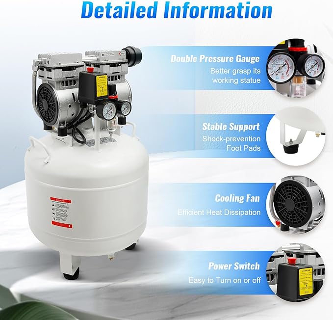 750W 40L Dental Medical Oil-Free Air Compressor, 115PSI 165L/min All-Copper Motor Portable Silent Oil-Free Air Compressor Detachable Air Compressor For Dental Equipment Spray Guns Nail Guns