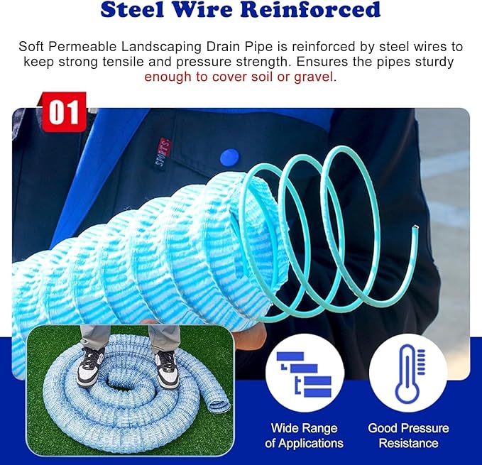 8" X 3 10 20 30 40 50 100 150' Land Drainage Pipe, Expandable Soft Infiltration French Drain Corrugated Pipe for Outside Landscape, Perforated Drain Tube(136ft(41.5m))