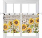 Farm Flowers Kitchen Curtains 24 Inch Length, Small Window Curtains Tab Top, Retro Sunflowers Barn Doors Butterfly Wood Board Light Filtering Short Window Treatments Tier Drapes 27.5"x24" 2 Panel