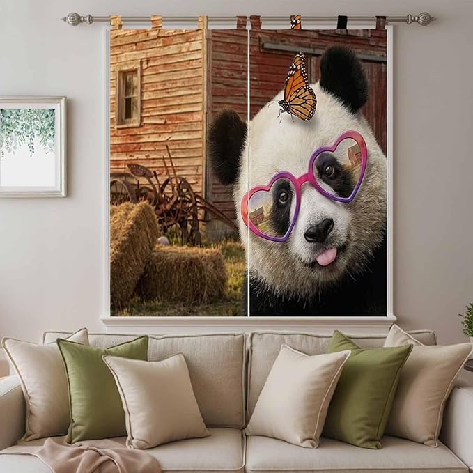 Farm Panda Bathroom Curtains 63 Inch Length, Window Curtains Tab Top, Farmhouse Barn Funny Animals Butterfly Light Filtering Window Treatments Drapes 52"x63" 2 Panel