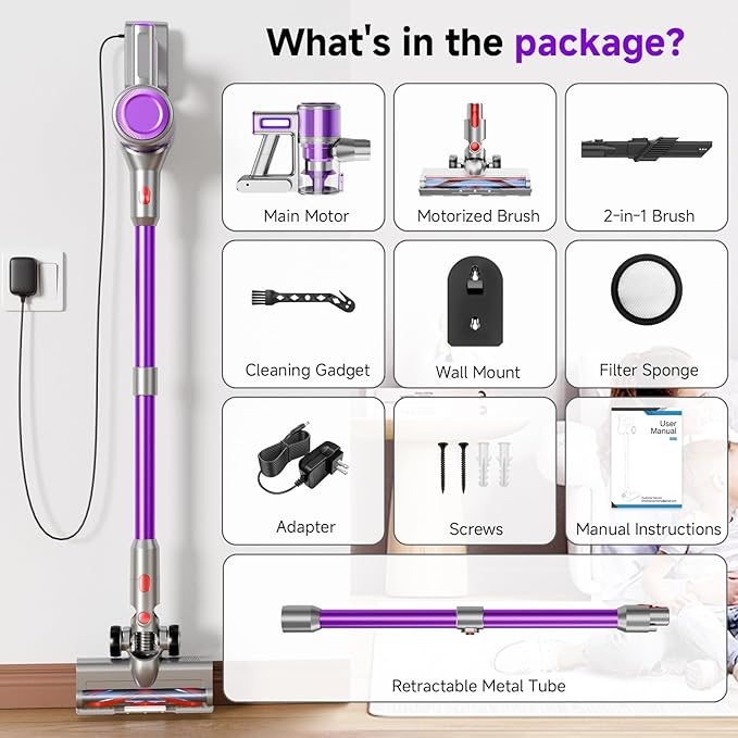 Cordless Vacuum Cleaner, 8 in 1 40Kpa 55Mins,Lightweight Vacuum Cleaners for Home, Stick Vacuum with Anti-Tangle Brush,Wall Mount, Rechargeable Cordless Vacuum for Floor/Sofa/Pet Hair,Purple