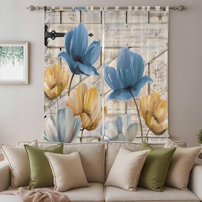 Blue Yellow Tulips Living Room Curtains 84 Inch Length, Window Curtains Tab Top, Retro Farmhouse Flower Barn Doors Wooden Light Filtering Window Treatments Drapes 52"x84" 2 Panel
