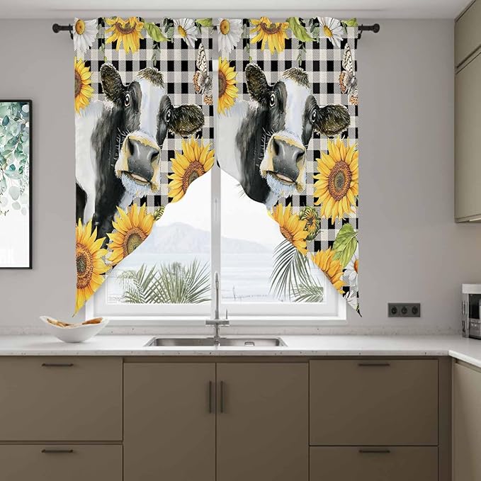 Retro Sunflowers Swag Valances for Windows, Farmhouse Floral Cow Butterfly Black Plaid Rod Pocket Kitchen Curtains Valance, Kitchen Window Curtains Swag for Cafe Living Room, 2 Panels, 36x45 inch