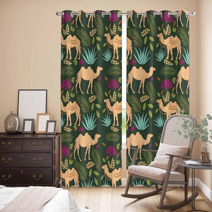 2 Panel Kitchen Cafe Curtains, Retro Desert Camel Sunlight Filtering Nature Air Through, Window Decor Tier Curtains for Living Room 104W x 96L inch Tropical Animal Aloe Vera Leaves Dark Green