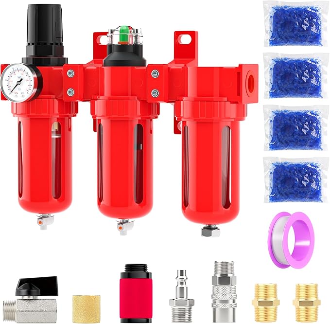 Industrial Grade Three-Stage Air Drying System, 0-150 PSI, 1/4 Inch NPT, Aluminum Alloy, with Particulate Filter, Coalescing Filter, Desiccant Dryer, and Air Regulator (Manual Drainage)