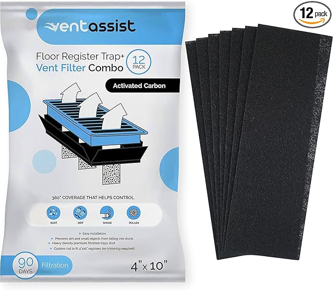 Activated Carbon Air Vent Filters for Home - 4" x 10" MERV 8 Electrostatic Floor Vent Filters that Trap Dust, Dirt, Smoke, Pollen, Hair - 90 Day Filtration (12 Pack)