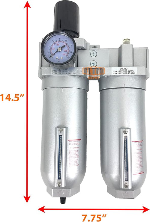 1" NPT SUPER DUTY Compressed Air In Line Filter Regulator Lubricator Oiler Combo Piggyback, Metal Bowl, 5 Micron Element, Adjustable From 7 to 175 PSI (AUTO DRAIN)