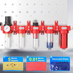 TAILONZ PNEUMATIC 0-150PSI 1/4 Inch NPT Red Industrial Grade 5 Stage Air Drying System, Particulate Filter, Coalescing Filter, Double Desiccant Dryer and Air Regulator (Manual Drainage)