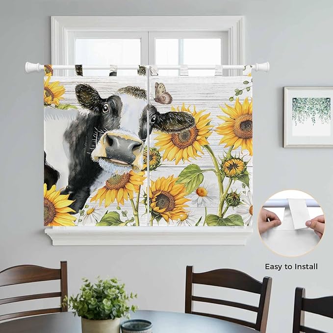 Retro Farmhouse Floral Kitchen Curtains 45 Inch Length, Short Cafe Window Curtains Tab Top, Yellow Sunflowers Cows Butterfly Wood Light Filtering Window Treatments Tier Drapes 27.5"x45" 2 Panel