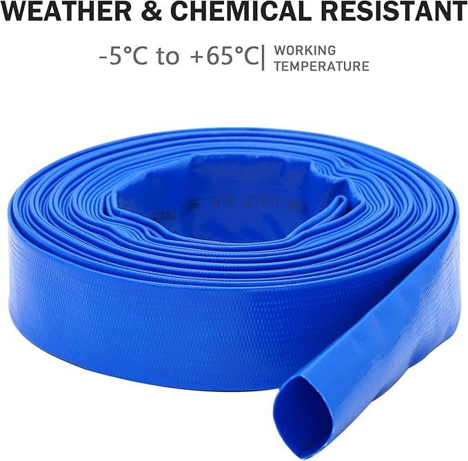 DAVCO 1.5" x 100 ft Pool Backwash Hose, Heavy Duty Reinforced Blue PVC Lay Flat Water Discharge Pump Hoses For Swimming Drain Pools and Clean Filters,with 1 Clamp