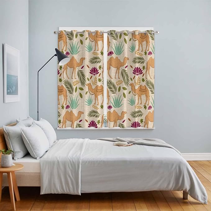 2 Panel Kitchen Cafe Curtains, Desert Camels Sunlight Filtering Nature Air Through, Home Decor Window Covering Tier Curtains for Living Room 80W x 63L inch Vintage Sand Animals Aloe Vera Leaves Beige