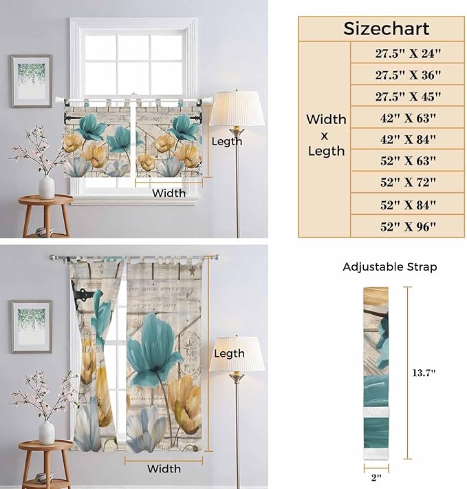 Watercolor Flowers Living Room Curtains 96 Inch Length, Window Curtains Tab Top, Vintage Tulips Floral Barn Doors Wood Grain Light Filtering Window Treatments Drapes 52"x96" 2 Panel