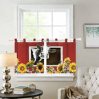 Cows Sunflowers Kitchen Curtains 36 Inch Length, Small Window Curtains Tab Top, Spring Botanical Floral Bees Red Barn Light Filtering Short Window Treatments Tier Drapes 27.5"x36" 2 Panel