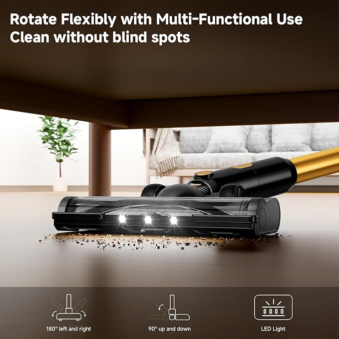 Cordless Vacuum Cleaner, 8 in 1 40Kpa 55Mins,Lightweight Vacuum Cleaners for Home, Stick Vacuum with Anti-Tangle Brush,Wall Mount, Rechargeable Cordless Vacuum for Floor/Sofa/Pet Hair,Gold