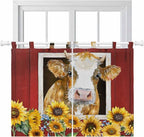 Cows Sunflowers Bedroom Curtains 63 Inch Length, Window Curtains Tab Top, Spring Floral Bees Farmhouse Barn Light Filtering Window Treatments Drapes 42"x63" 2 Panel