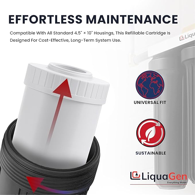 LiquaGen Activated Alumina + Carbon + KDF-55 Replacement Water Filter Cartridge – Helps Manage Fluoride, Chlorine & Taste, Refillable 2.5" x 10", 2.5" x 20", 4.5" x 10", 4.5" x 20" (1, 4.5" x 10")