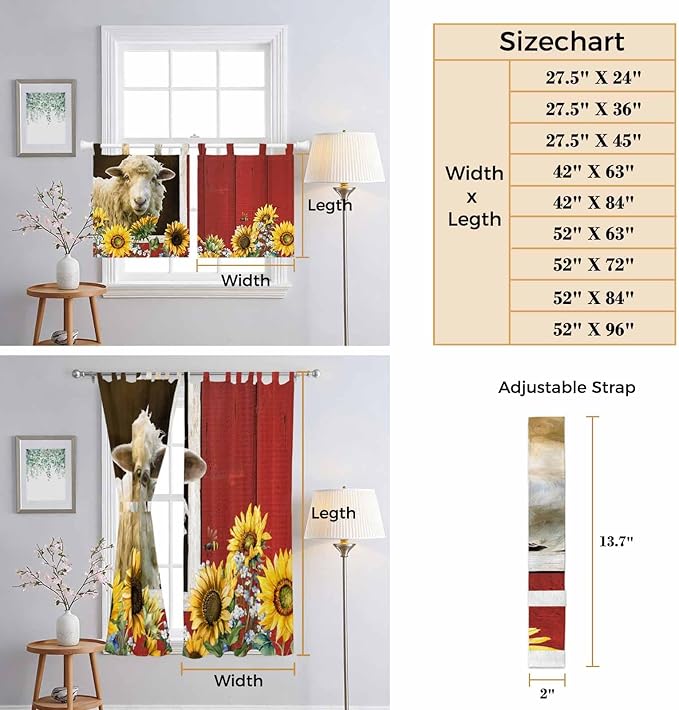 Sheep Flowers Kitchen Curtains 45 Inch Length, Short Cafe Window Curtains Tab Top, Country Red Barn Botanical Sunflowers Light Filtering Window Treatments Tier Drapes 27.5"x45" 2 Panel