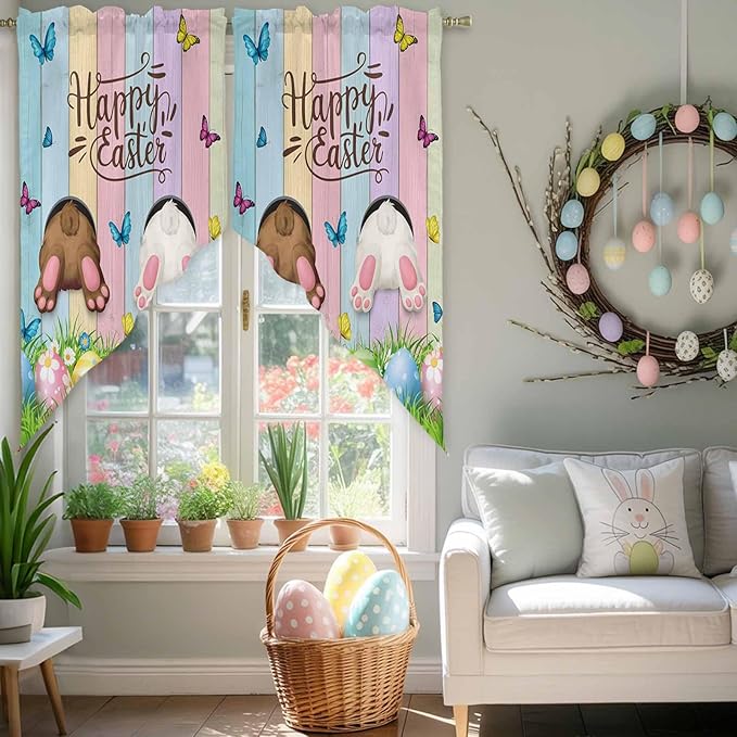 Swag Curtain Valances for Kitchen Windows,Happy Easter Rabbit Butt Egg on Daisy Leaf Short Rod Pocket Window Valance,Bufferfly on Wood Barn Swag Topper for Bedroom Living Room,2 Panels 28x36in