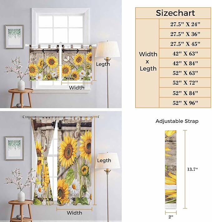 Farmhouse Sunflowers Bathroom Curtains 63 Inch Length, Window Curtains Tab Top, Rustic Barn Doors Flowers Butterfly Wooden Light Filtering Window Treatments Drapes 52"x63" 2 Panel