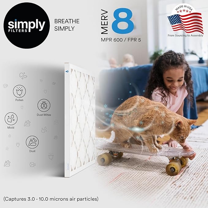 Simply 19x20x1 Air Filter, Merv 8, 6 Pack, For Home AC Furnace & HVAC (Actual Size: 18.75"x19.75"x0.75") DUST, Pet, & Allergy Control