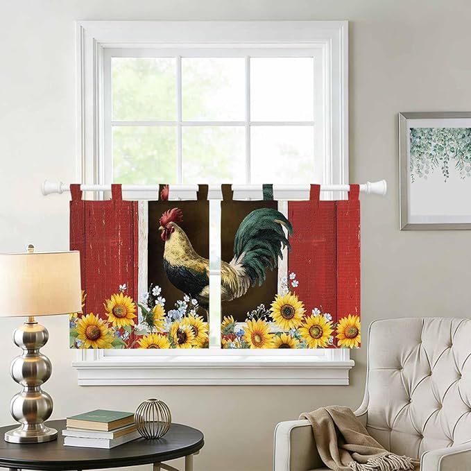 Chicken Sunflowers Kitchen Curtains 24 Inch Length, Small Window Curtains Tab Top, Farmhouse Animals Red Barn Bees Light Filtering Short Window Treatments Tier Drapes 27.5"x24" 2 Panel