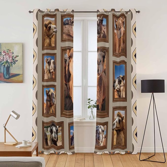 2 Panel Kitchen Cafe Curtains, Desert Camels Sunlight Filtering Nature Air Through, Home Decor Window Covering Tier Curtains for Living Room 80W x 84L inch Western Wildlife Brown Animals Country