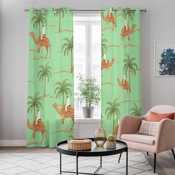 2 Panel Kitchen Cafe Curtains, Desert Camels Sunlight Filtering Nature Air Through, Home Decor Window Covering Tier Curtains for Living Room 104W x 90L inch Tropical Date Palm Trees Animal Green