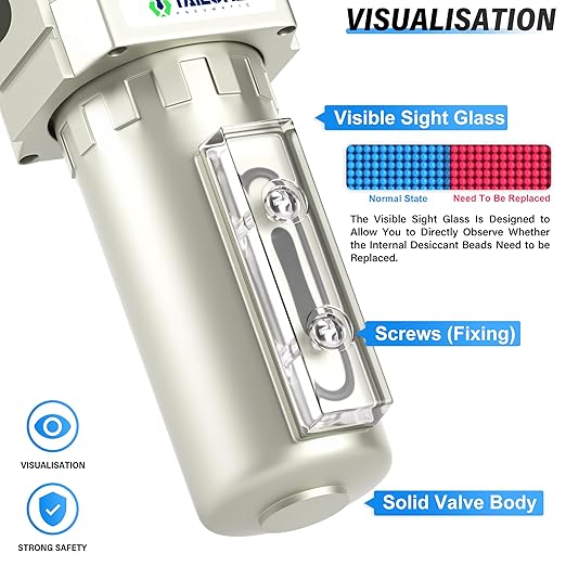 TAILONZ PNEUMATIC 1/2" NPT Industrial Compressed Air Desiccant Dryer, Used for Dry Air, Compressed Air, Water Separator, Plasma Cutting Machine and Other Metal Bowl with Desiccant Beads Bag