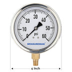 MEASUREMAN 4" Dial Size, Glycerin Filled Plumbing Pressure Gauge, 0-60psi, Stainless Steel Case, 1/4" NPT Lower Mount