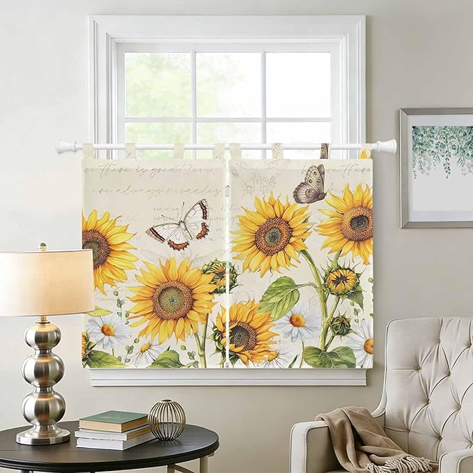 Farm Sunflowers Kitchen Curtains 45 Inch Length, Short Cafe Window Curtains Tab Top, Retro Flowers Butterfly Botanical Beige Light Filtering Window Treatments Tier Drapes 27.5"x45" 2 Panel