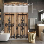 Wood Barn Door No Hook Shower Curtain with Snap in Liner Set, Waterproof Shower Curtains for Bathroom, Wooden Plank Fabric Shower Curtain, See Through Mesh Top Window, 72" W x 96" L