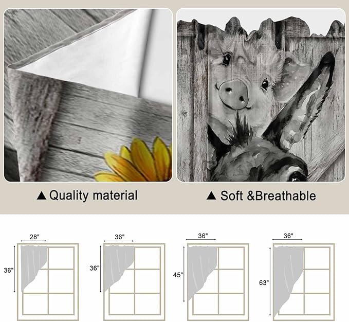 Funny Farm Animals Swag Valances for Windows, Vintage Barn Grey Sunflowers Rod Pocket Kitchen Curtains Valance, Kitchen Window Curtains Swag for Cafe Bathroom Living Room, 2 Panels, 36x45 inch