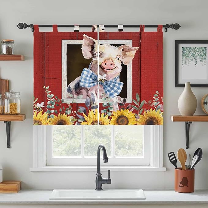 Pig Sunflowers Kitchen Curtains 45 Inch Length, Short Cafe Window Curtains Tab Top, Eucalyptus Leaves Floral Bees Red Barn Light Filtering Window Treatments Tier Drapes 27.5"x45" 2 Panel