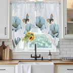 Blue Tulips Swag Valances for Windows, Watercolor Flowers Butterfly Spring Farmhouse Blue Rod Pocket Kitchen Curtains Valance, Small Window Curtains Swag for Cafe Living Room, 2 Panels, 36x36 inch