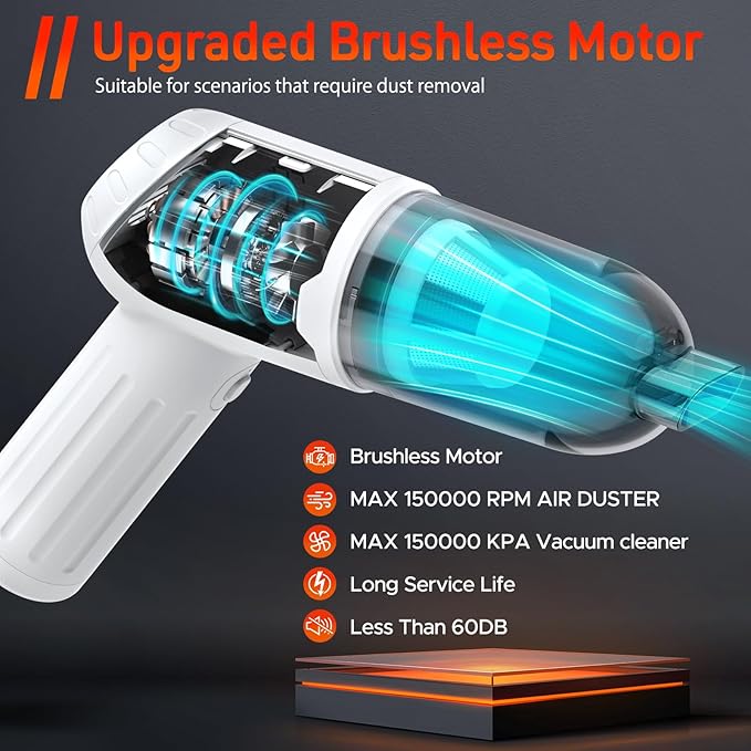 Reesibi 4 in 1 Powerful Compressed air Duster - 150000RPM Cordless Air Blower & 15KPA Car Vacuum Cleaner - Brushless Motor Electric Dust Blower with 3 Speed & 7600mAh Battery - Keyboard Cleaner Kit
