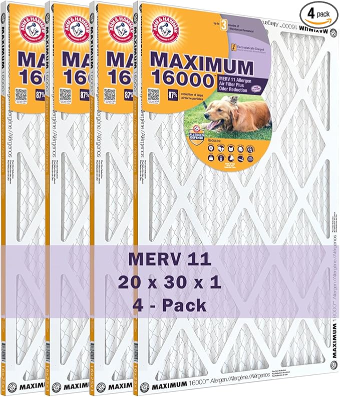 Arm & Hammer Max Allergen & Odor Reduction 20x30x1 Air and Furnace Filter, MERV 11, 4-Pack