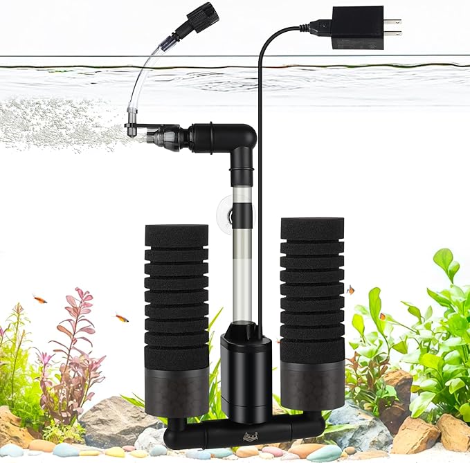 AQQA Electric Sponge Filter for Aquarium – Quiet USB Powered Breeding & Shrimp Filter with Bio Ceramic Media, Adjustable Air Intake & 360° Rotatable Outflow (110V Adapter Included) (S)