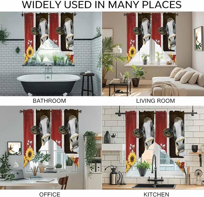 Cows Sunflowers Swag Valances for Windows, Rustic Farms Barns Flowers Bees Animals Rod Pocket Kitchen Curtains Valance, Small Window Curtains Swag for Cafe Bathroom Living Room, 2 Panels, 28x36 inch