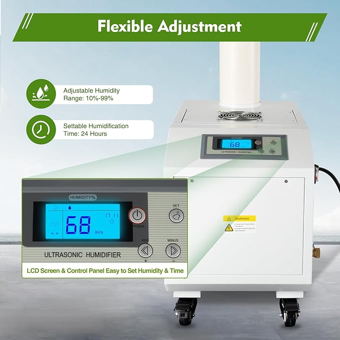 Ultrasonic Industrial Agricultural Humidifer, 0.79Gal/H Smart Commercial Humidifier with LCD Screen & humidity Sensor Automatic Mist Cooling Sprayer Airflow for Warehouse Greenhouse Garden Etc