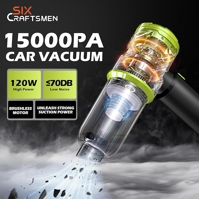 Handheld Car Vacuum with 15000PA Power, 4 in 1 Powerful Cordless Vacuum Cleaner & Air Duster with 2000mAh Battery, Rechargeable Portable Mini Hand Held Vacuum for Car,Home,Office,Pet Hair（Green）