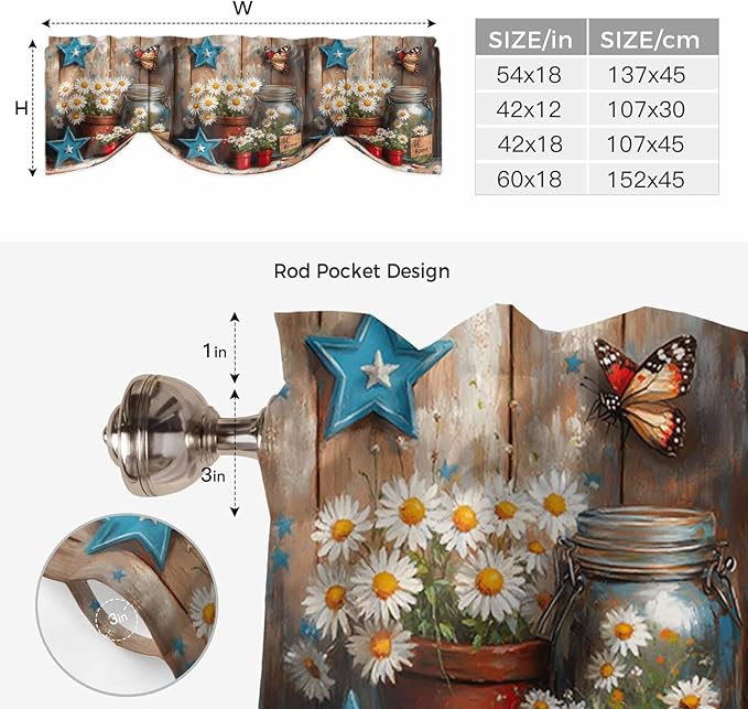 Country Flower Tie Up Valance for Window, Western Texas Star Butterfly Barn Door Adjustable Balloon Window Shade Valance Curtain for Kitchen Cafe Bathroom Window Treatment Panel 60''x18''