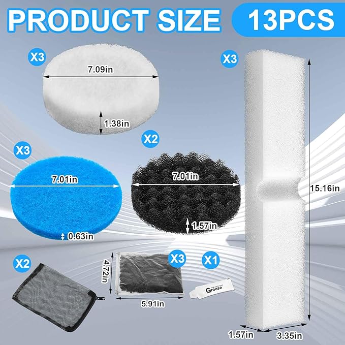 17 Pcs Filter Media Replacement Set Compatible with Fluval Fx4 Fx5 Fx6, Including Quick Clear/Fine Filter Water Polishing Pads, Foam, Foam Block, Activated Carbon, Silicone Lube, Mesh Bags