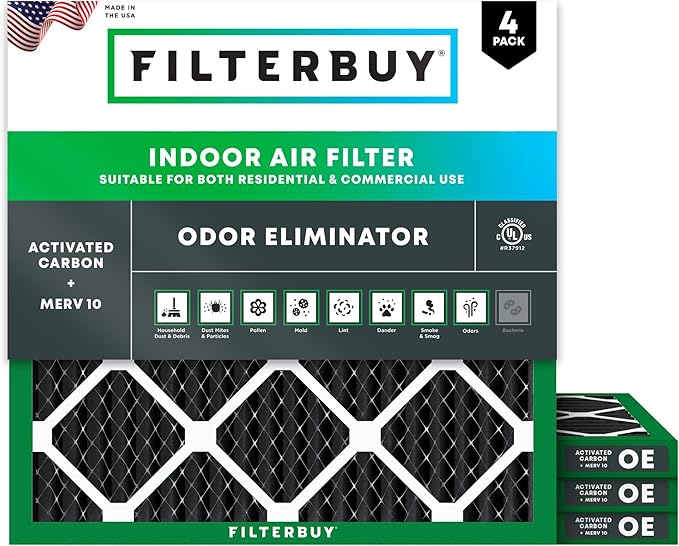 Filterbuy 16x16x1 Air Filter MERV 10 Odor & Allergy Defense with Activated Carbon (4-Pack), Electrostatic Pleated HVAC AC Furnace Filters Replacement, Made in USA (Actual Size: 15.75 x 15.75 x 0.75)