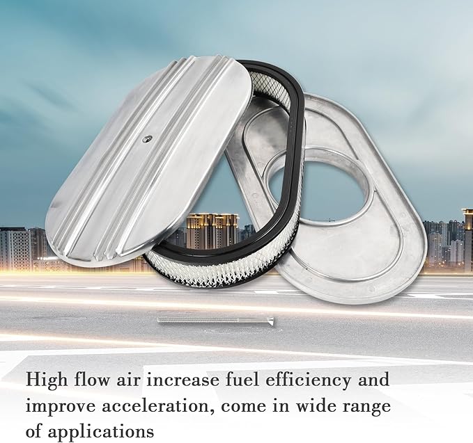 15" Polished Aluminum Air Cleaner Assembly Kit Alloy Oval Partial Half Finned with Element