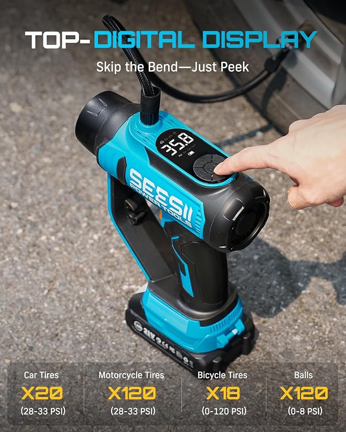 SEESII 3-in-1 Tire Inflator: Portable Air Compressor & Car Vacuum Cleaner & Led Work Light with 2×2000mAh Batteries, 21V Tire Air Pump 150PSI w/Digital Gauge+Auto-Shutoff for Ball/Motorcycle/Car/Home