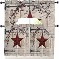 Village Stars Swag Kitchen Curtains Valance and Tier Set, Vintage Dark Red Star Berry Beige Barn Doors Light-Filtering Swag Valance 36 Inch Length, Rod Pocket Short Curtain for Bedroom Cafe