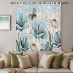 Spring Floral Living Room Curtains 96 Inch Length, Window Curtains Tab Top, Vintage Tulips Flower Butterfly Retro Wood Blue Light Filtering Window Treatments Drapes 52"x96" 2 Panel