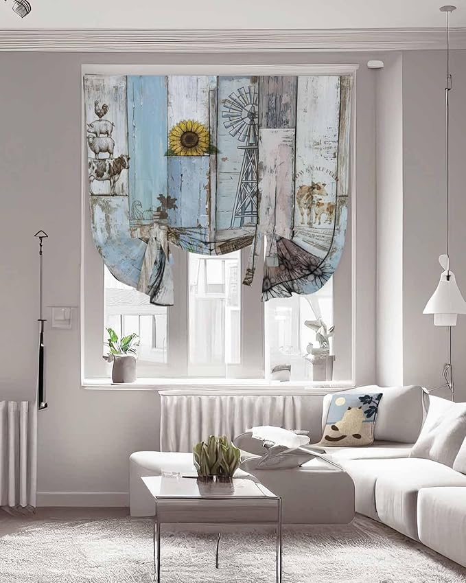 Tie Up Curtains for Windows, Blue Grey Wooden Adjustable Balloon Nature Linen Textured Kitchen Curtain, Farmhouse Barn Sunflowers Retro Privacy Curtains Balloon Blind for Cafe, 42 x 63 Inches